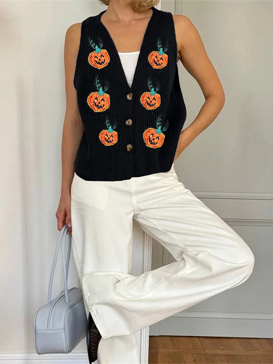 Womens Halloween Sweater Vest Pumpkin V Neck Sleeveless Button Down Knitted Cardigan Casual Streetwear