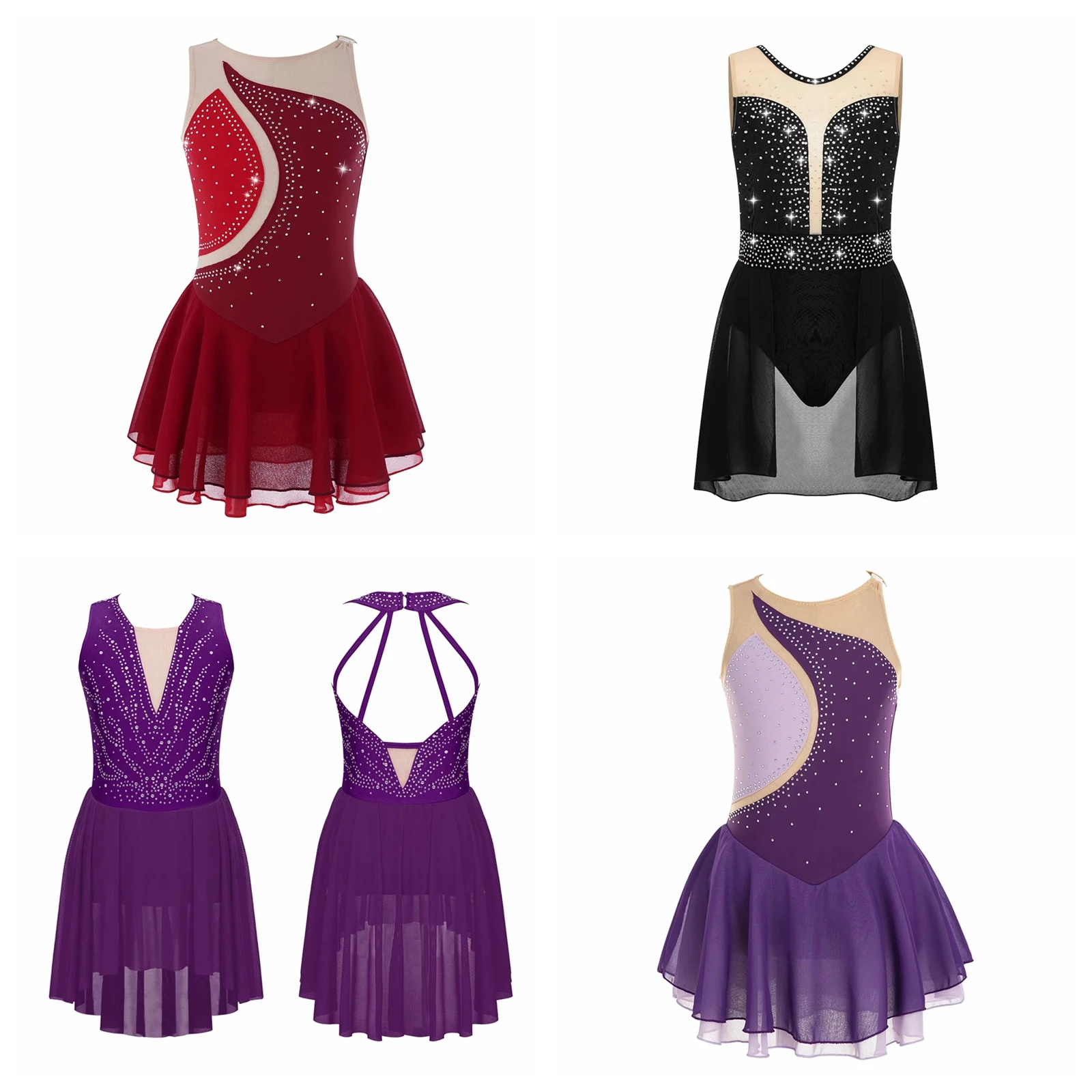 Children's Lyrical Dance Costume Gymnastics Figure Skating Ballet Dress Rhinestone Skirted Leotard Bodysuit Ice Skating Clothes