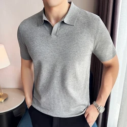 High Elasticity Men Short Sleeved Polo Shirt 2024 Summer Ice Silk Light Thin Solid Casual Lapel Knitted T-shirt Men Clothing