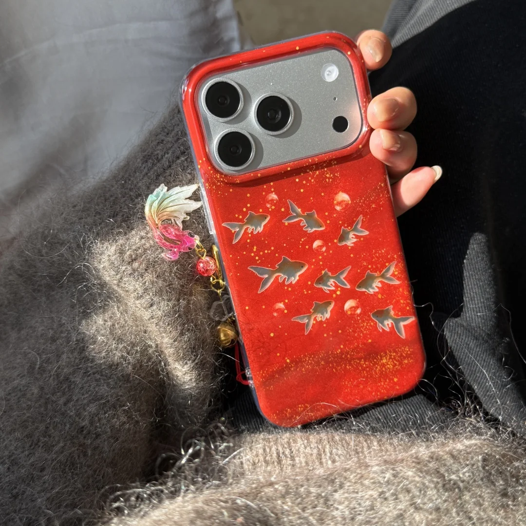 

Koi Goldfish Sparkle Glossy Phone Case For iPhone 13 15 14 16 17 Pro Max 14 Plus lucky pendant Y2K Advanced Red Phone Cases