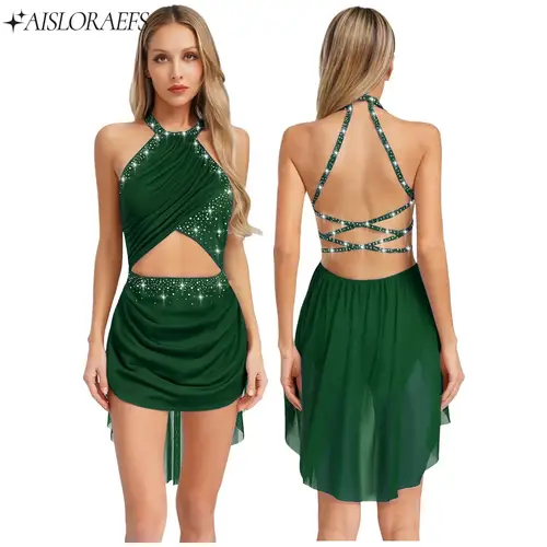 Vestidos de tutú de Ballet para mujer, vestido moderno lírico, disfraz de escenario actuación, vestido de leotardo de gimnasia de patinaje con diamantes de imitación de malla transparente