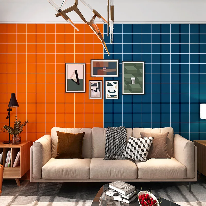 Indigo Orange Dark Blue Nordic Ins Style Solid Color Orange TV Background Wall Checkered Wallpaper