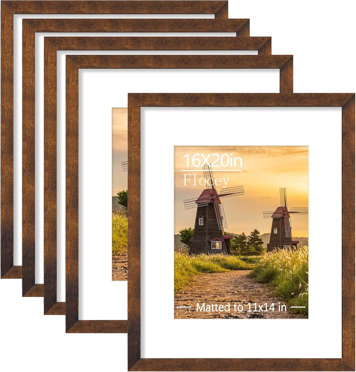 

16x20 Picture Frame 5 Pack, Rustic Brown Poster Frame with Mat for 11x14 or 16x20, Wall Gallery Display