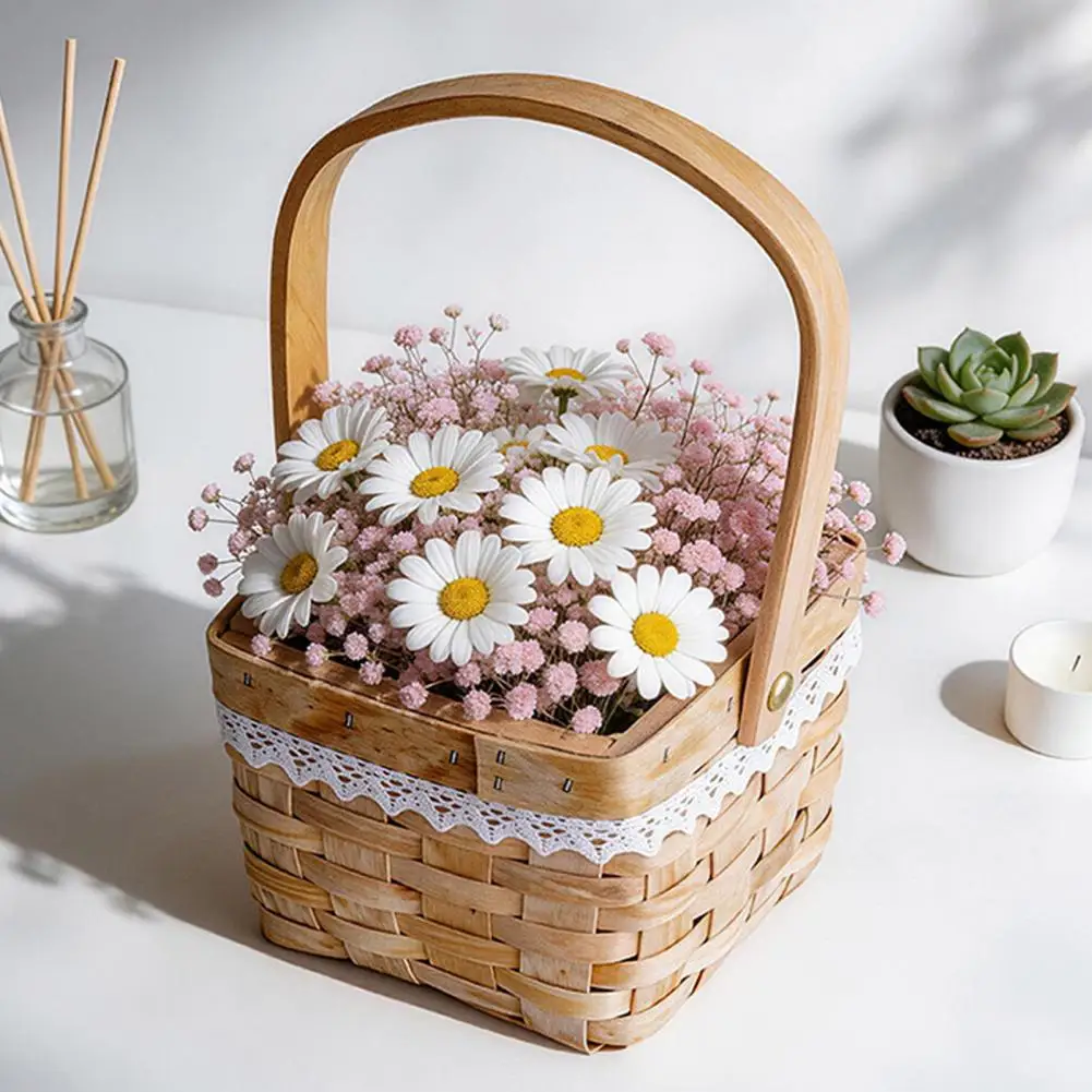 2026 Flower Basket, with Lace Decor, Hand-Woven Wicker Rattan Flower Basket, Wood Portable Floral Gift Basket