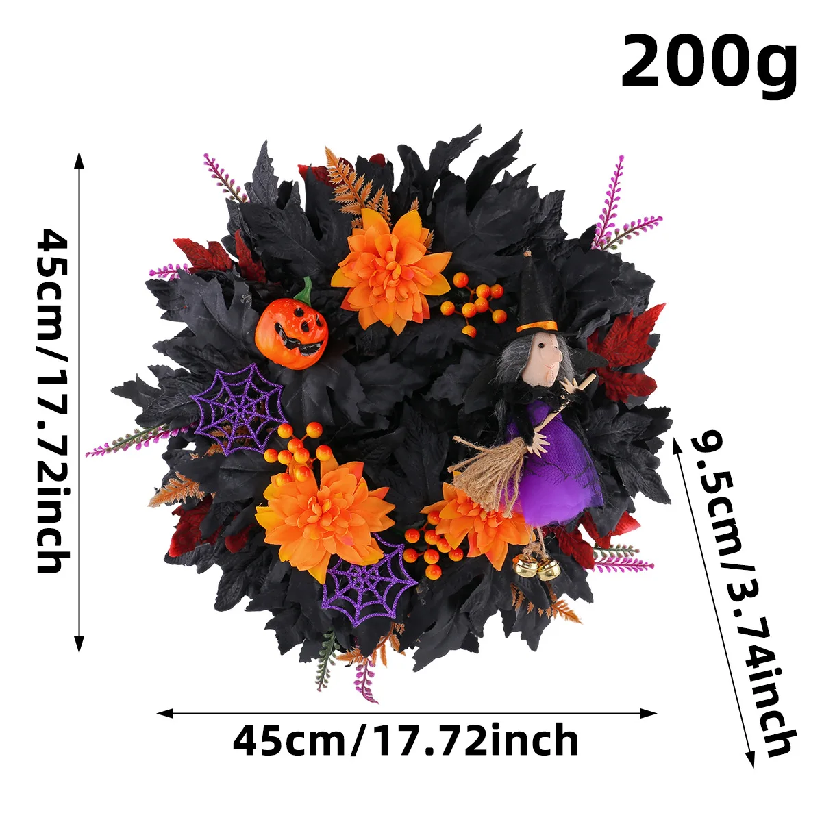 Black 17.72in Witch Pumpkin Halloween Wreath for Door Hanging Festive Party Home Decoration Cloth Foam Plastic