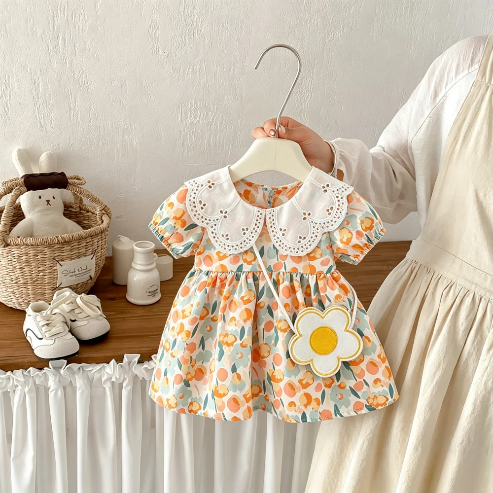 Girls' Dress Summer Flower Lapel Cute Baby Girl Dress Beach Sweet Baby Dress Baby Girl Clothing ﻿
