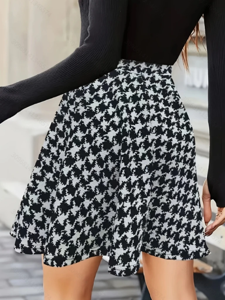 Fashion Women's Black & White Houndstooth High-Waist A-Line Skirt