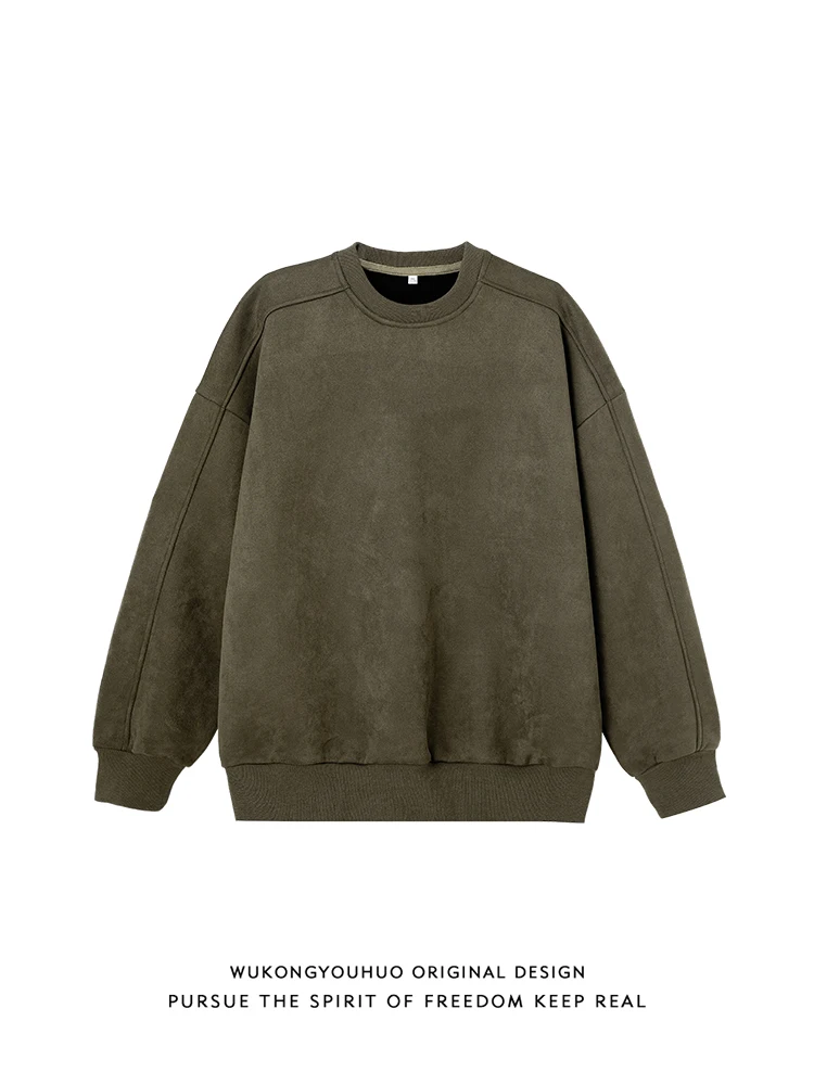 

American Retro Solid Color Suede Crew Neck Sweater Men's Trendy Brand Loose Couple Casual Pullover