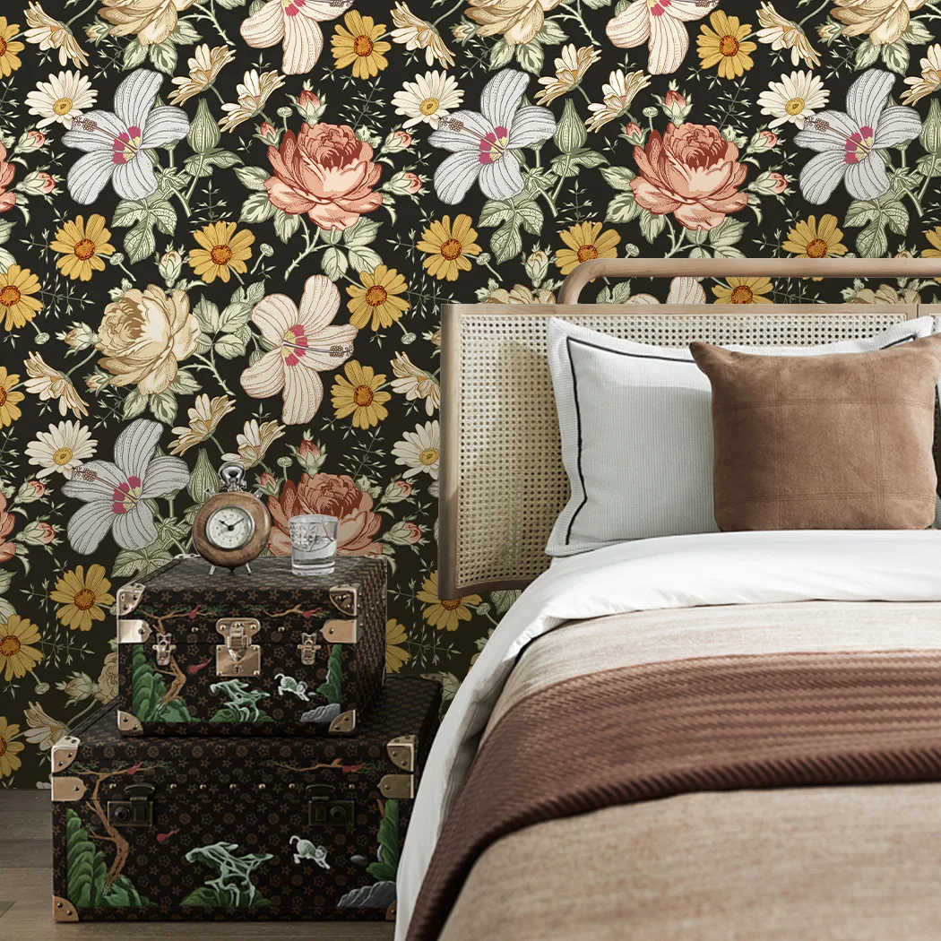 Vintage Floral Peel and Stick Wallpaper, Black Botanical Wildflower Removable Wall Mural, Self-Adhesive Wall Paper for Bedroom