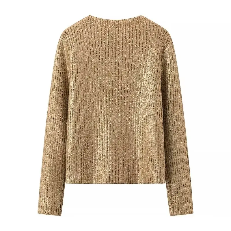 Retro Women Rib Knitting Metal Gold Bronzing Sweater Round Collar Pullover Knitwear Full Sleeve Jumper