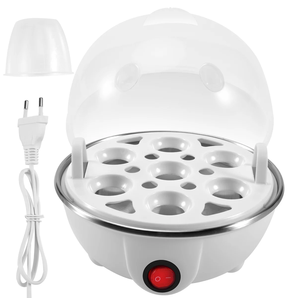 Olla eléctrica para huevos hervidos, caldera, calentamiento rápido, sartén para vaporera de acero inoxidable, herramienta de cocina, enchufe blanco de la UE