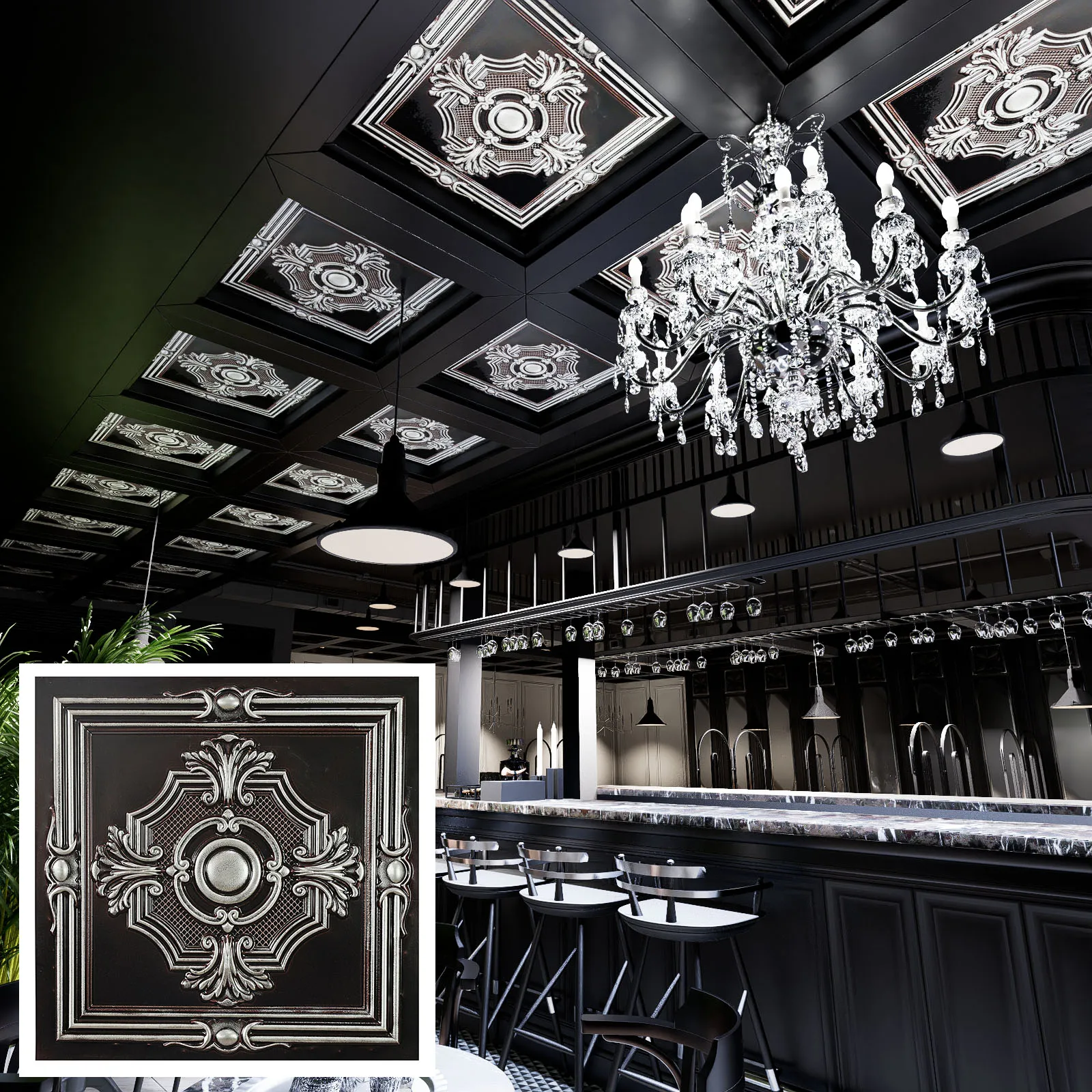 Plastic Wall Panels Artistic 3D Ceiling Tiles for Cafe Club Salon Interior Decor PL38 Traditional silver 10PCS