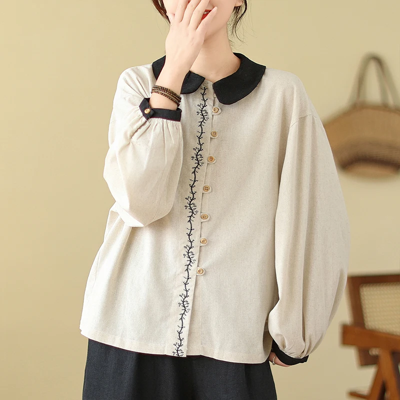 

Retro Japanese Sle Contrast Color Doll Collar Long Sve Embroidered irt Women's Artistic Spring Cotton Linen Blend Top