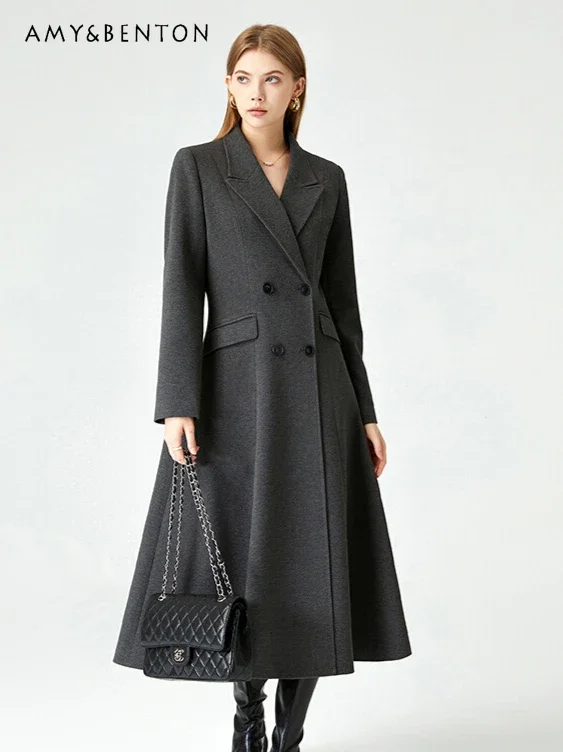 Suit-style Tweed Coat for Women's Autumn Winter 2024 New Hepburn Style Double-breasted Wool Coat Women British Long Woolen Coat