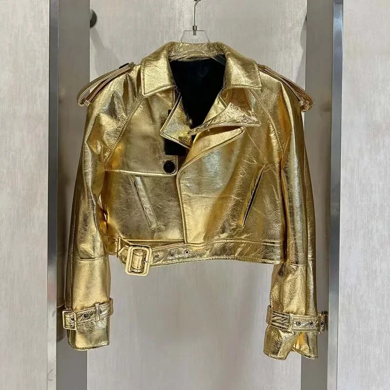 Giacca da donna in vera pelle dorata, manica corta con spalle scoperte, colletto rovesciato, cappotto alla moda primavera autunno