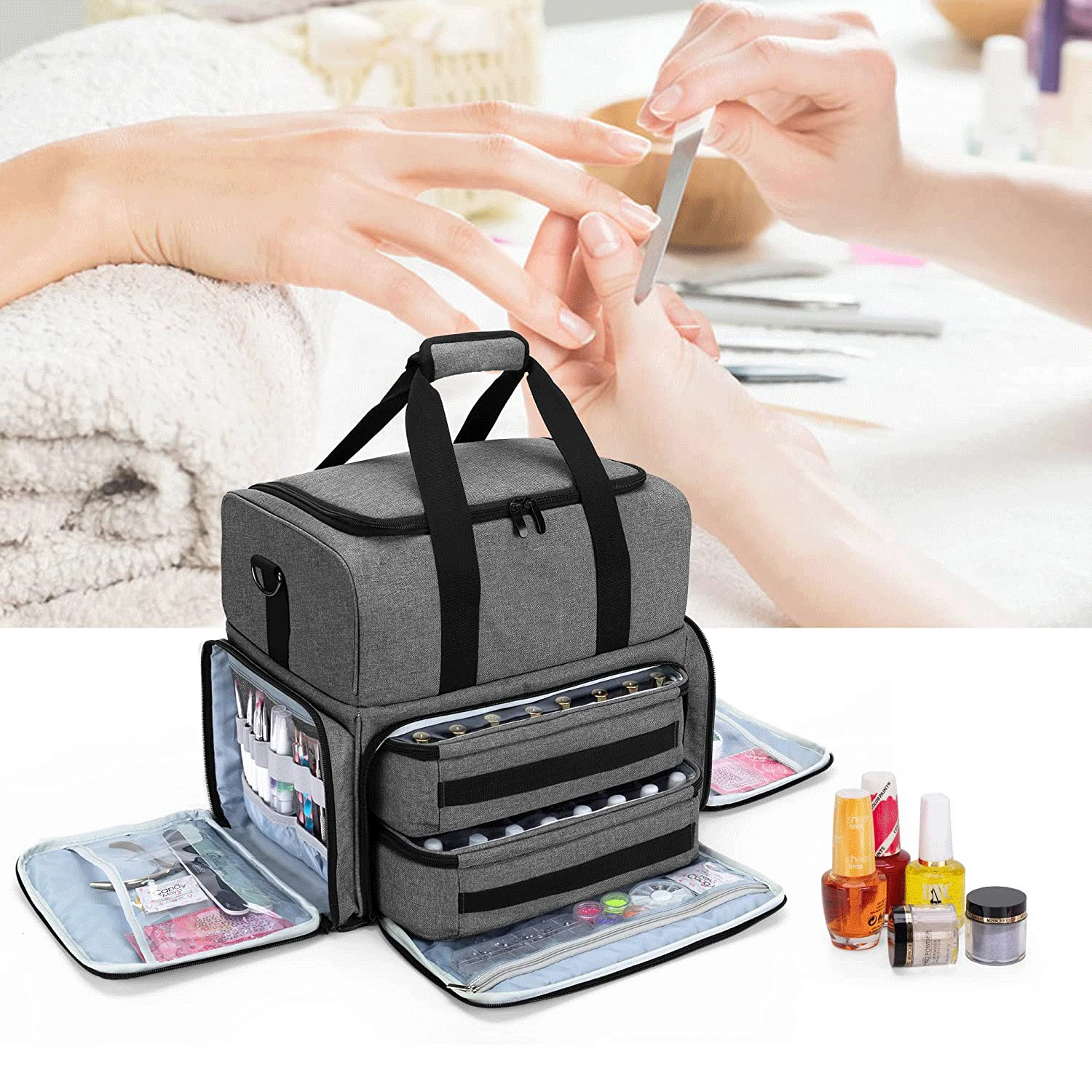 HA BIN Nagellack-Aufbewahrungstasche – Doppelschichtig, Für 30 Flaschen + Lampe, Wasserdicht