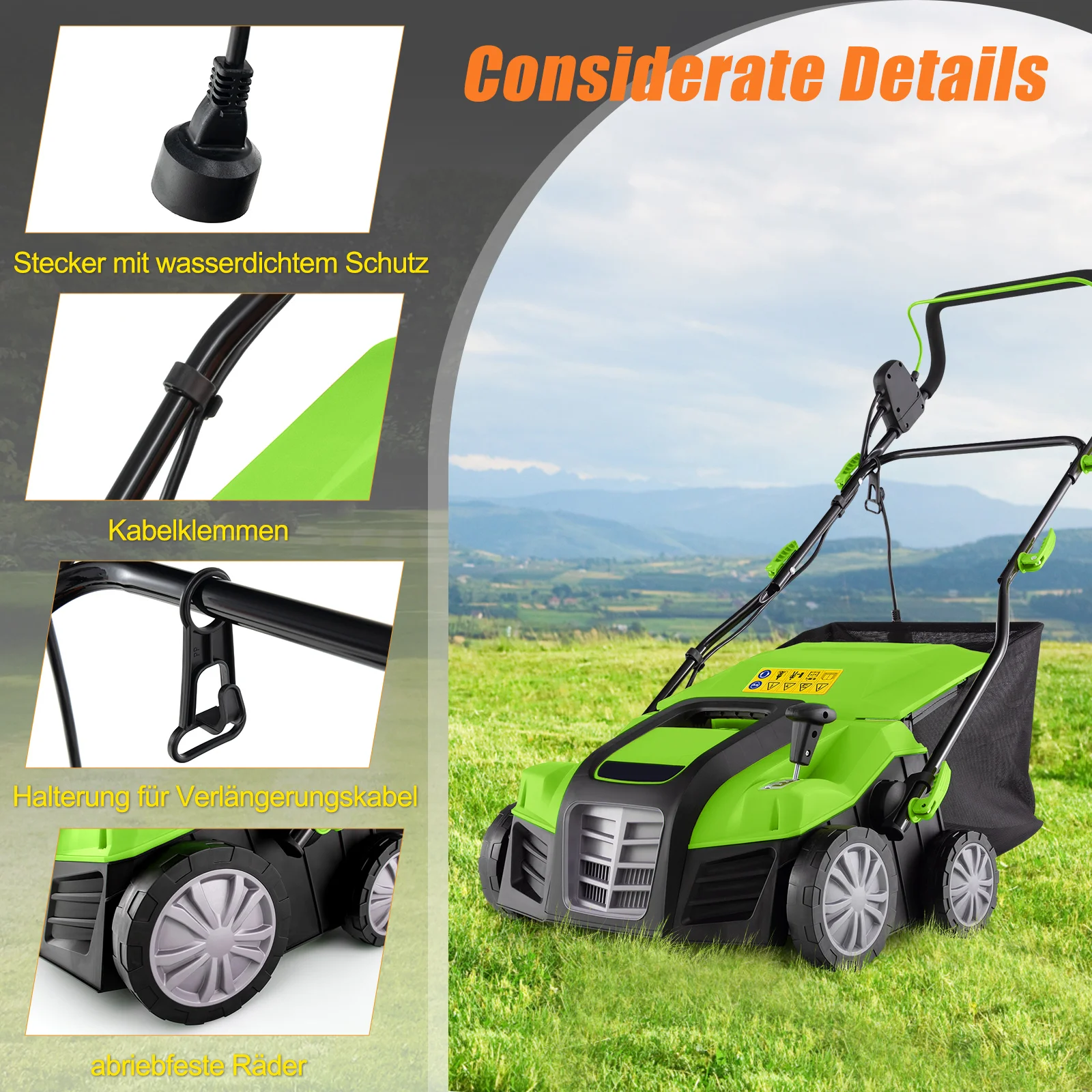 Electric scarifier & Lawn fan 41 cm, 15A 2-in-1 lawn scarifier with 3 steps height adjustment & 5 steps working depth