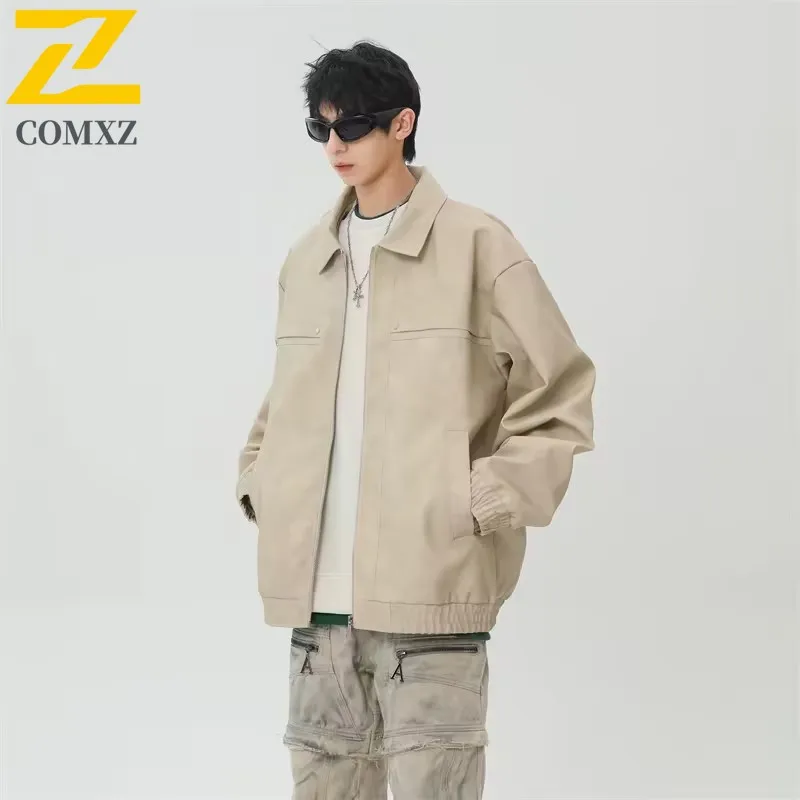 

COMXZ Men Outdoor Leather Jacket Premium Stand Collar American Style Motorcycle Jacket Casual Riding Lightweight Autumn Clothing