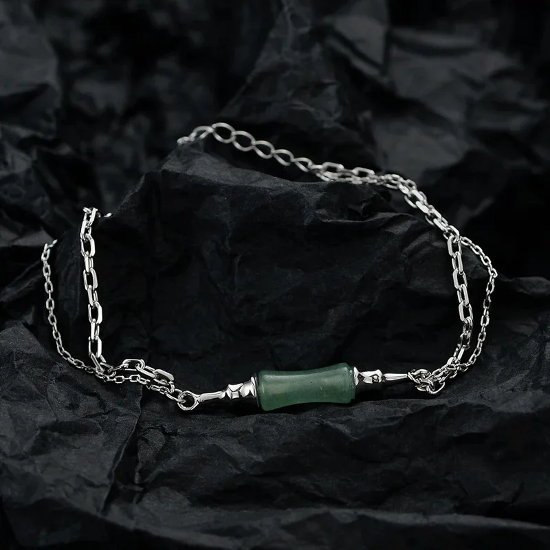 

Youth of Vigor Solid 925 Silver Green Jade Bamboo Multi Chains Statement Bracelet Y1S2B21017