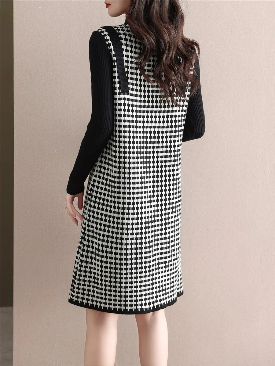 Camisola de malha feminina dr outono inverno novo sle xadrez midi dr camada base outerwear casaco saia combinando