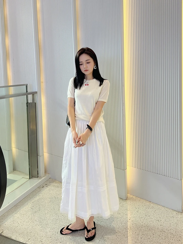 

Легкая хлопковая юбка свободного кроя белого цвета, артистичная юбка для романтических моментов, юбка А-силуэта с завышенной талией, миди, летняя коллекция