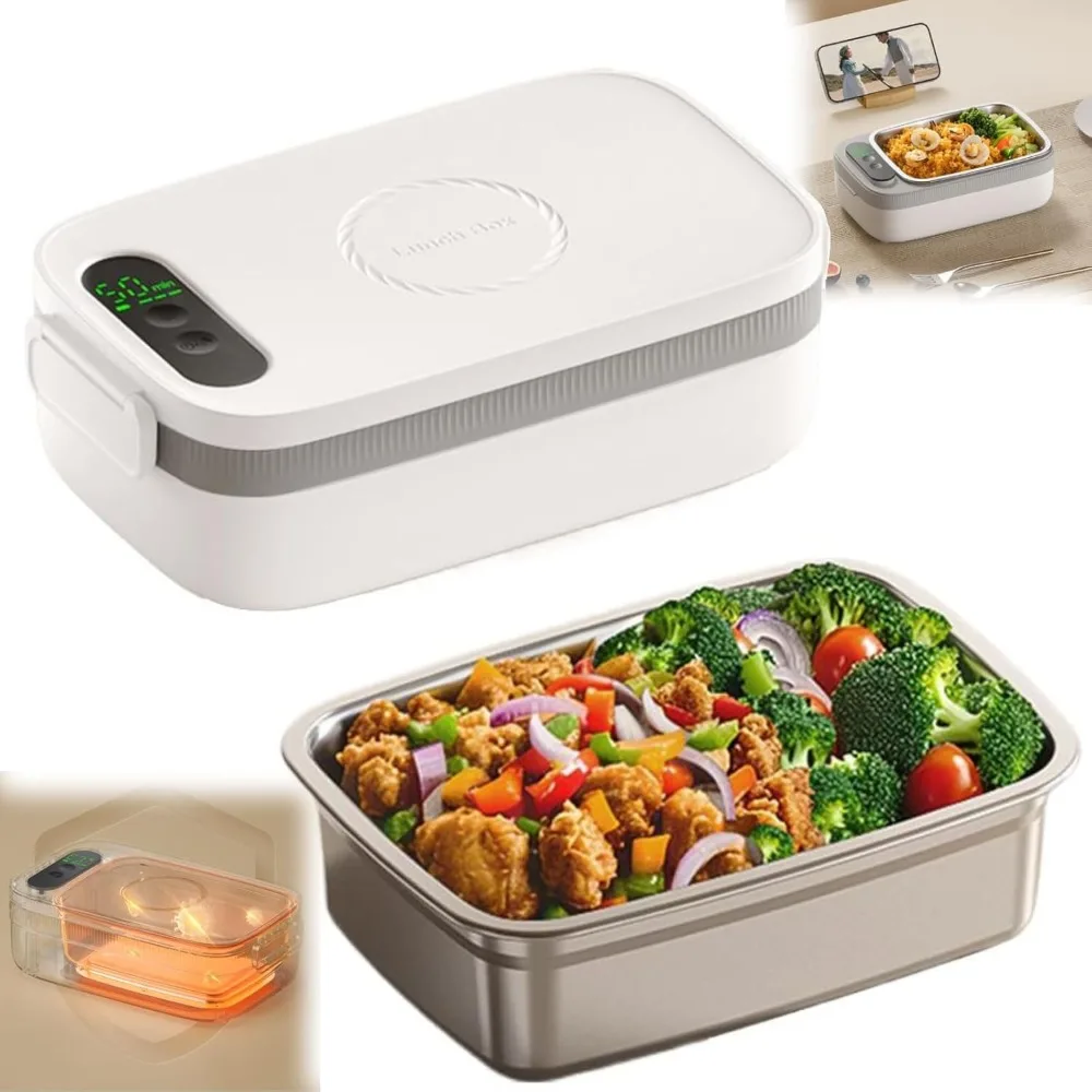 

with Timer & 4 Temp Settings Electric Heated Lunch Box 4 Keep-warm Temperature Setting 1000ML Food Warmer Portable Cordless