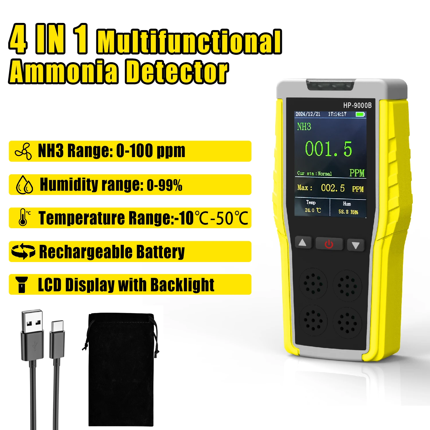 HOLDPEAK Portable Ammonia Gas Detector, 0-100ppm Rechargeable NH3 Analyzer with LCD Screen, Dual Alarm, Temp & Humidity Display