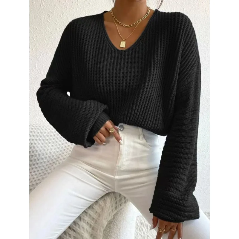 Europeu americano amazon camisola de malha feminina 2025 outono inverno novo decote em v cor sólida lanterna de manga comprida pulôver camisola