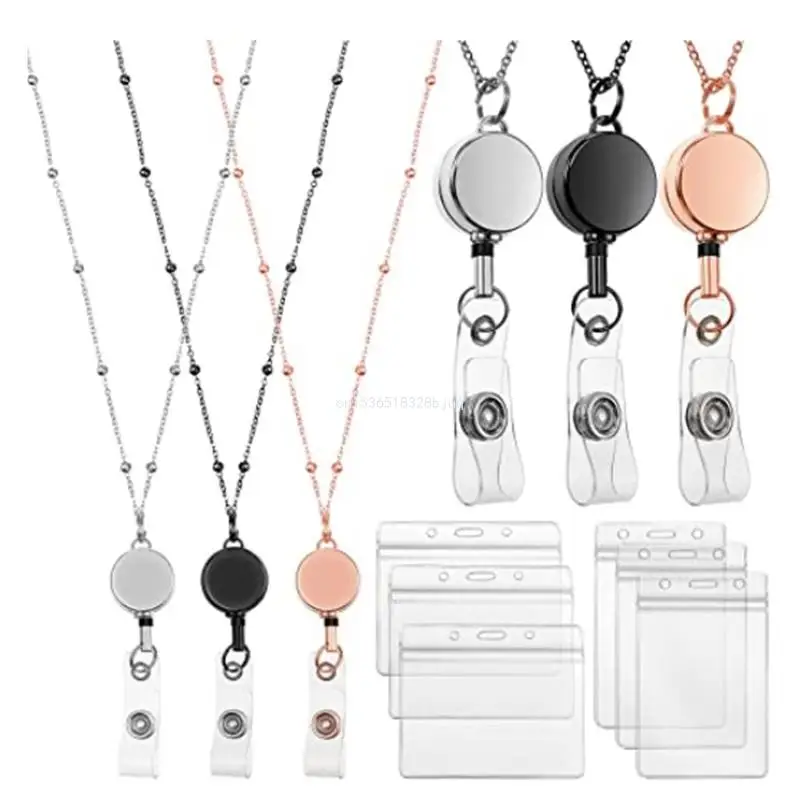 

Badge Lanyard with Holder Alloy Badge Necklace Retractable Reel Clip Chain Dropship