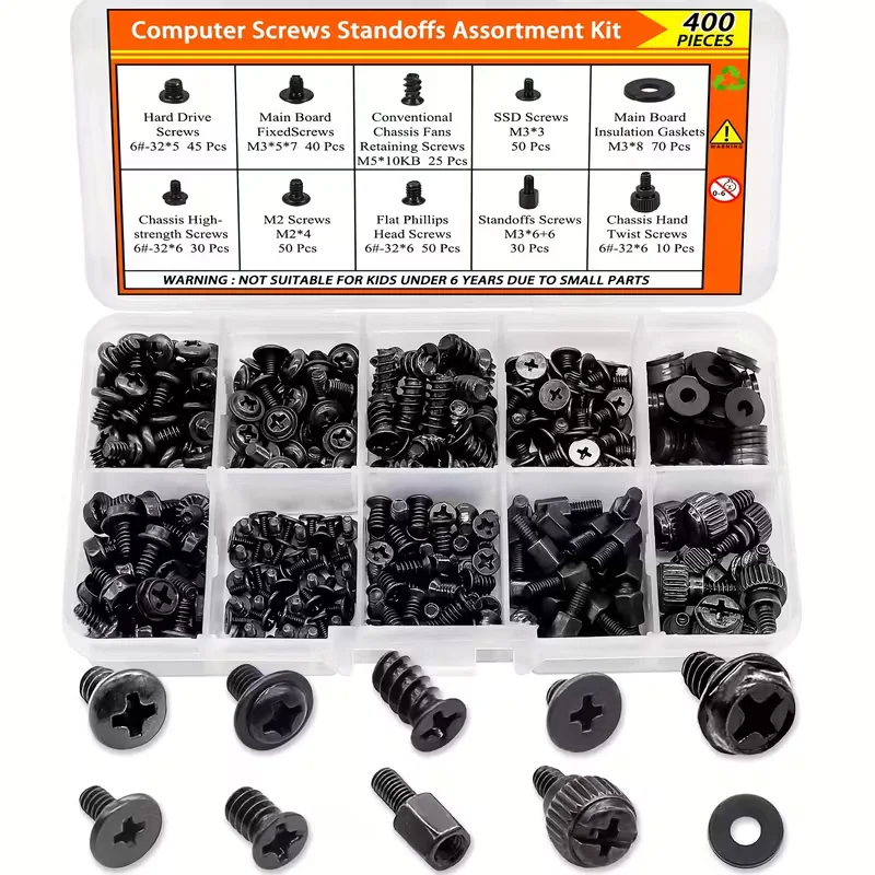 

400PCS Assorted Computer Repair Screws Set for Motherboard PC Laptop SSD HDD Fan Case Standoffs - Standard Sizes