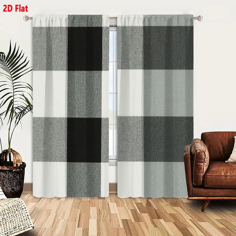 2Pcs Curtains 2D Flat Monochromatic Buffalo Check Plaid Textile Pattern With Diagonal Twill Weave In Black Charcoal And Cream Wi