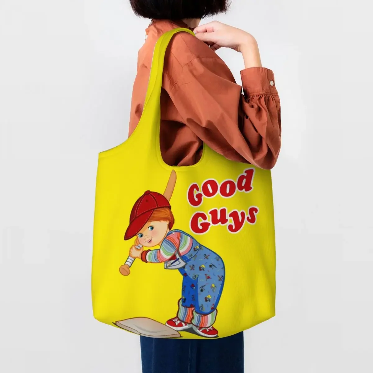 Good Guys Baseball  Grocery Shopping Bags Canvas Shopper Tote Shoulder Bags Large Capacity Washable Child's Play Chucky Handbag