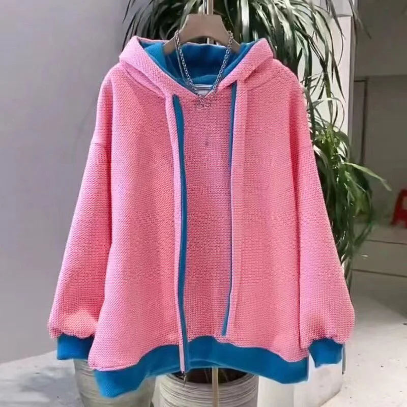 Contrast Hooded Double layered Thickened Sweatshirt  For Women Autumn Winter Loose Fitting Fake Two-piece Top Female Sweatshirts