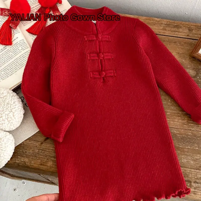 Girls Cheongsam Dress 2025 Autumn Winter Fleece Lined Knit Skirt Chinese Style Warm Solid Color