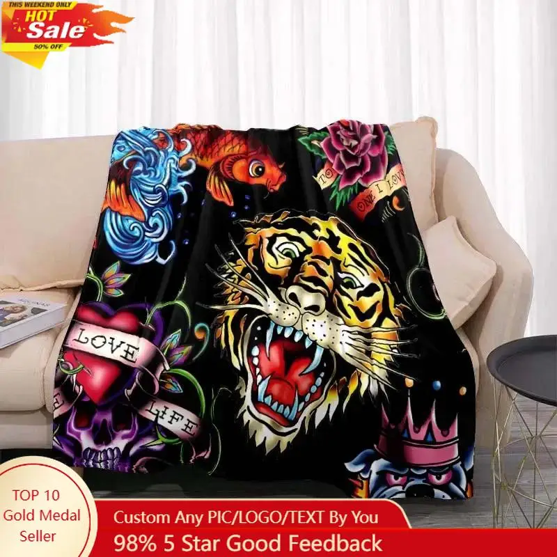 

3dED- HARDY Tattoo Tiger Skull Blanket Living Room Bedroom Sofa Soft and Comfortable Warm Blanket Office Leisure Blanket
