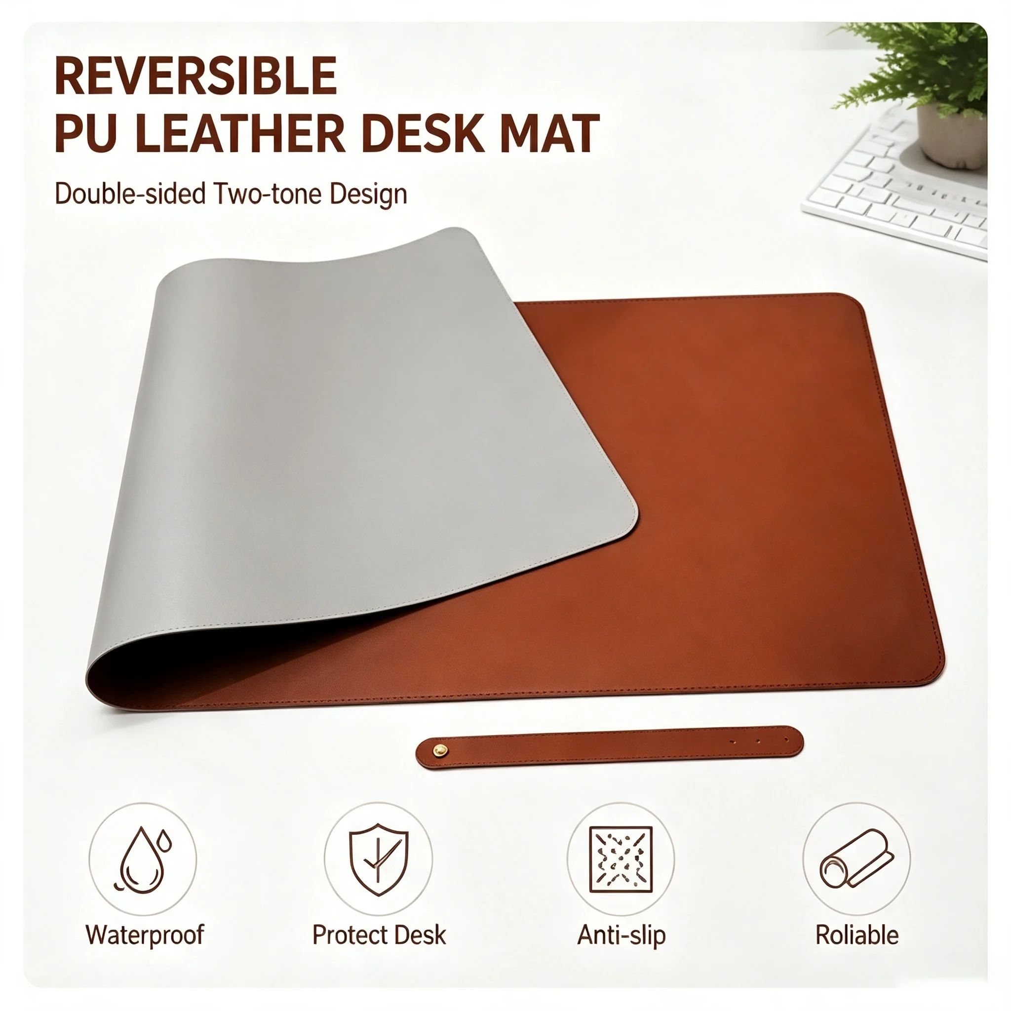 Home Double Sided PU Leather Desk Mat Large Waterproof Desk Pad Table Protector Office Gaming Desk Mat with  Storage Strap