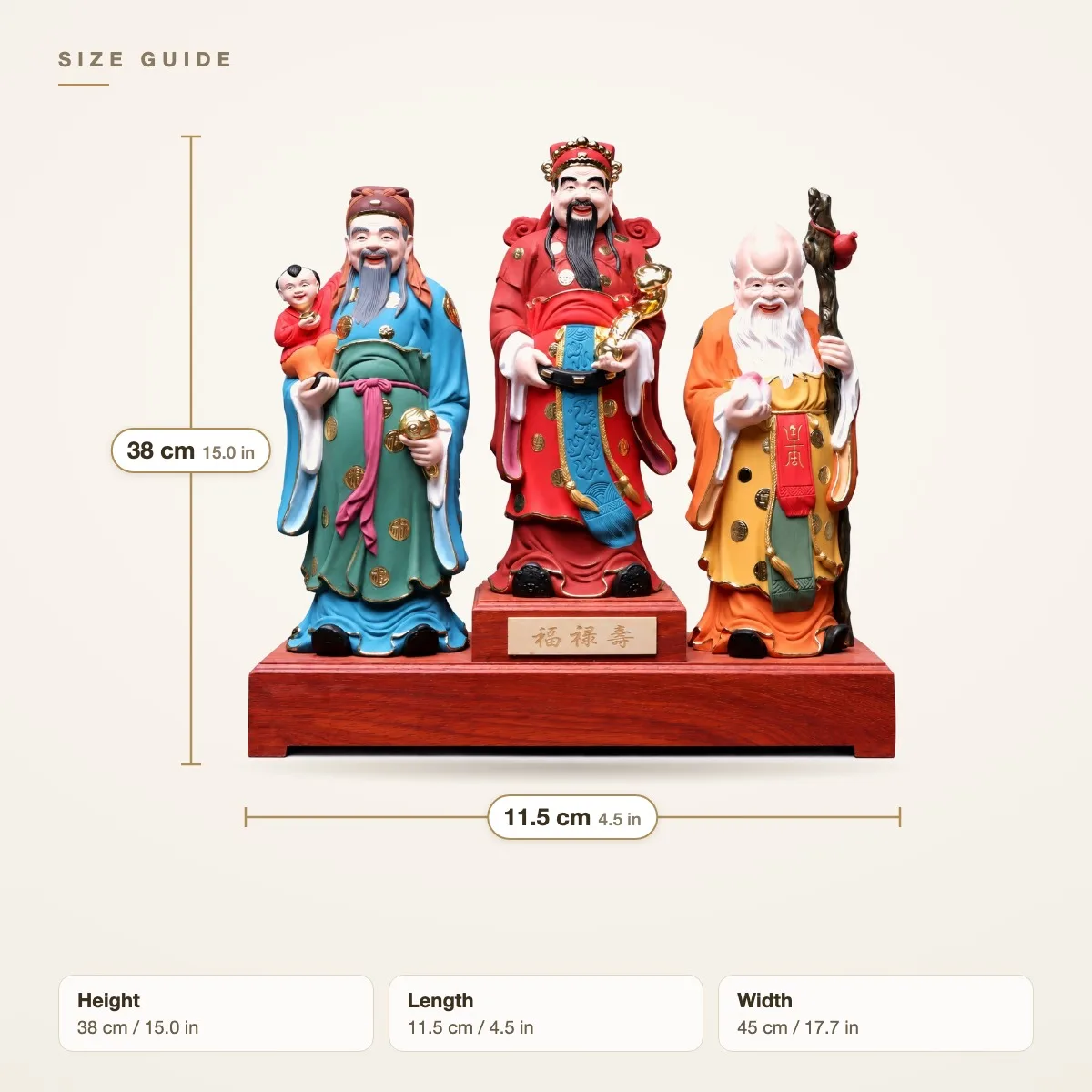 Hand Painted Gold Accented Wood Carved Fu Lu Shou Three Star Gods Statue Chinese Traditional Home Living Room Decor Gift