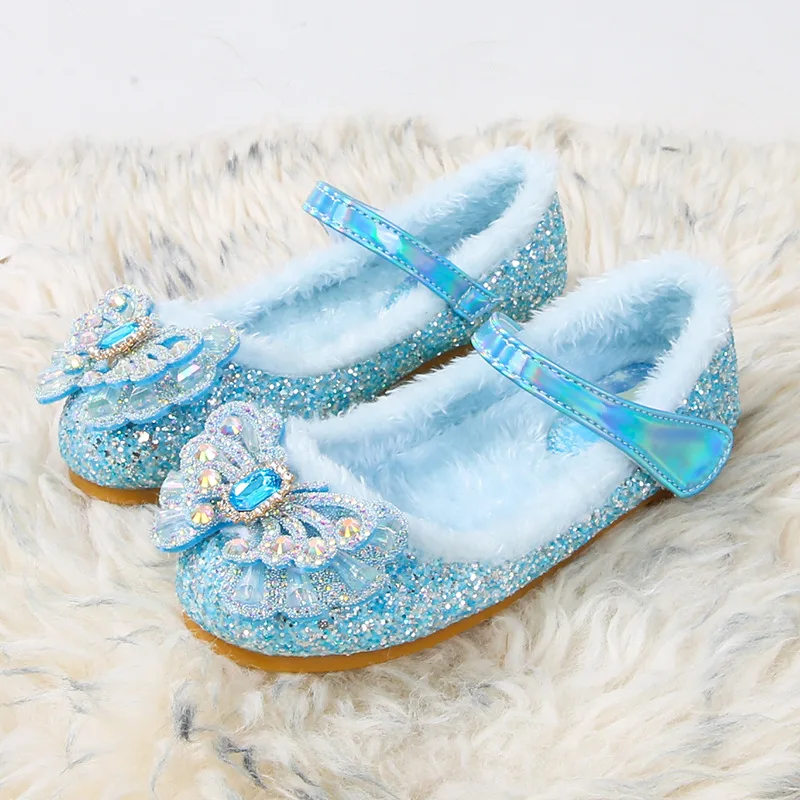 Disney Autumn Fashion Pearl Bow Rhinestone Frozen Elsa Princess Girl Shoes Flat Kids Princess Warm Winter Shoes Size 23-36