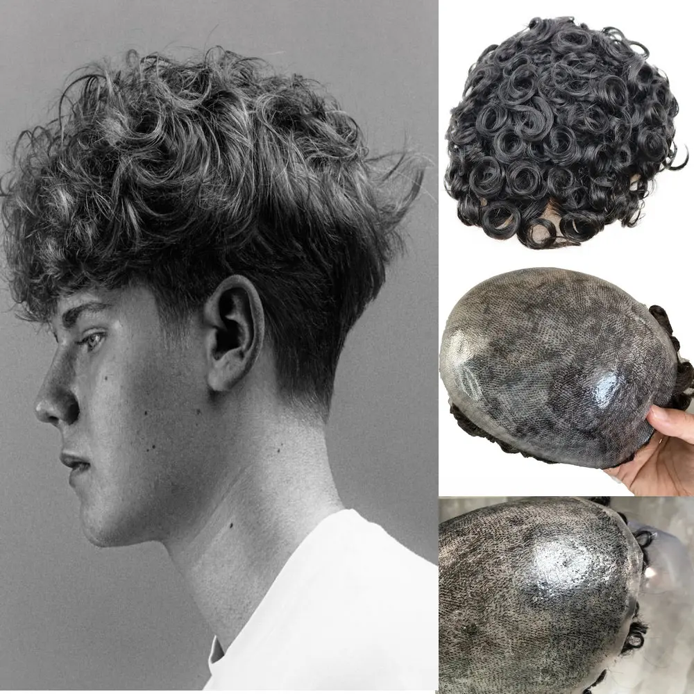 

Men Toupee Durable Injected Full Pu Base Male Human Hair Unit Natural Black 24mm Curly Prosthesis Men's Hair Systems Hairpieces