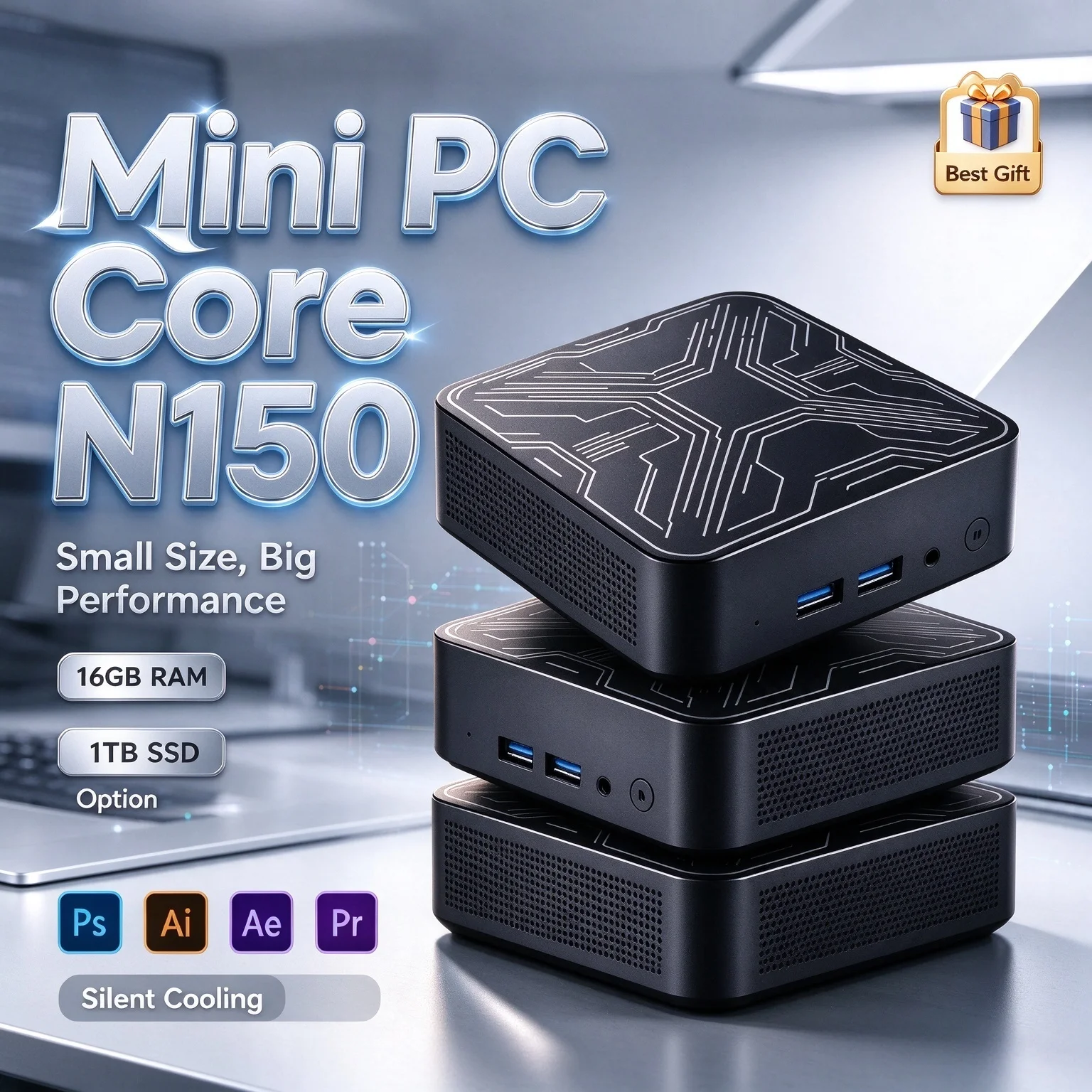 Mini PC 2026 com 16GB de RAM, Intel Core N150, SSD NVMe de 1TB, Triplo HDMI 4K UHD, WiFi6, BT5.2, Silencioso, Sem Ventoinha, para Escritório e Casa, Desktop Pro Core