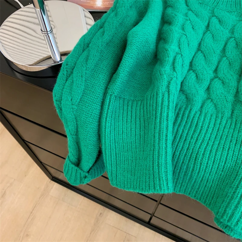 Korean Winter Autumn Women Round Neck Green Solid Cashmere Sweater High Quality Twist Long Sleeve Knitted Pullovers Top F827