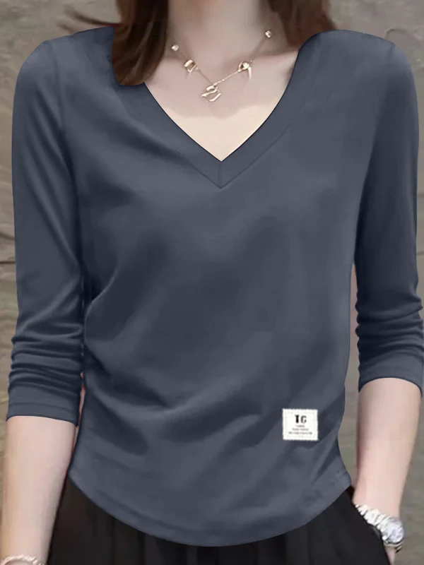 2025년 신상 여성용 면 긴팔 티셔츠 V넥 허리 조임 패셔너블 다용도 슬림 베이스 레이어 탑 한국 스타일