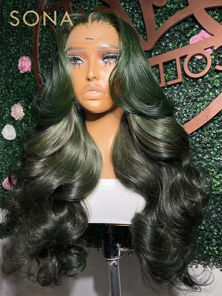 Dark Green Colored Body Wave 13x6 HD Transparent Lace Front Wigs For Women Human Hair Lace Frontal Wig Pre Plucked