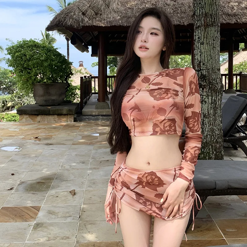 4 Pieces Women\'s Swimwear Sexy Print Bikini Set Beach Wear Long Sleeve Crop Top Bathing Suit Korean Drawstring Skirt Swimsuit