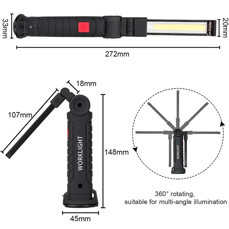 Multifunctional Portable COB LED Flashlight USB Rechargeable Work Light Folding Inspection Light 5 Modes COB LED Camping Torch