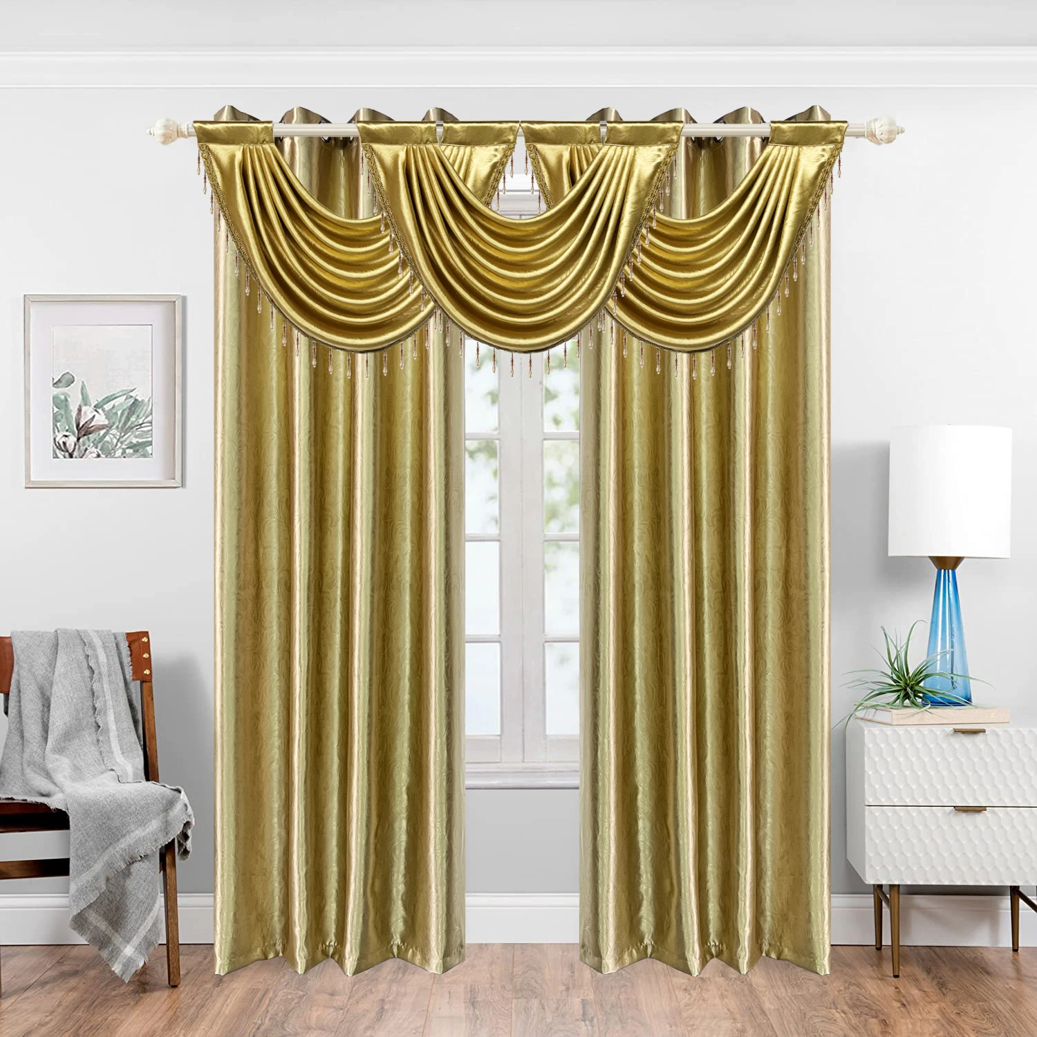 Gold Waterfall Valance Tier Curtain for Livingroom Luxury Beaded Jacquard Rod Pocket Scallop Header for Window Panel Drapes