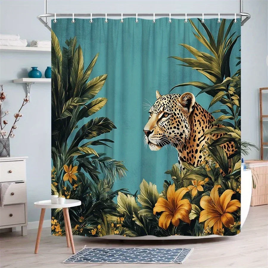 ~O~1pc Majestic Leopard & Tropical Foliage Shower Curtain with Hibiscus Flowers - Realistic Wilderness Design, Durable Polyester