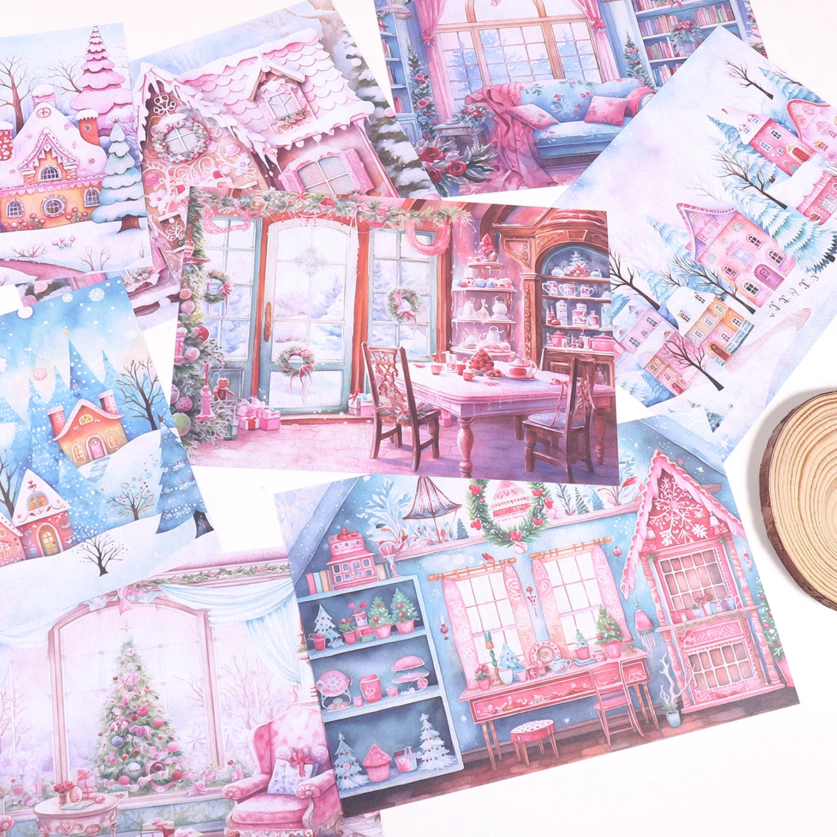 8pcs Warm Christmas House Creative Paper Sheets, A5 Single-sided Snow Scene Patterns, For Decorating Stationery And Holiday Gift