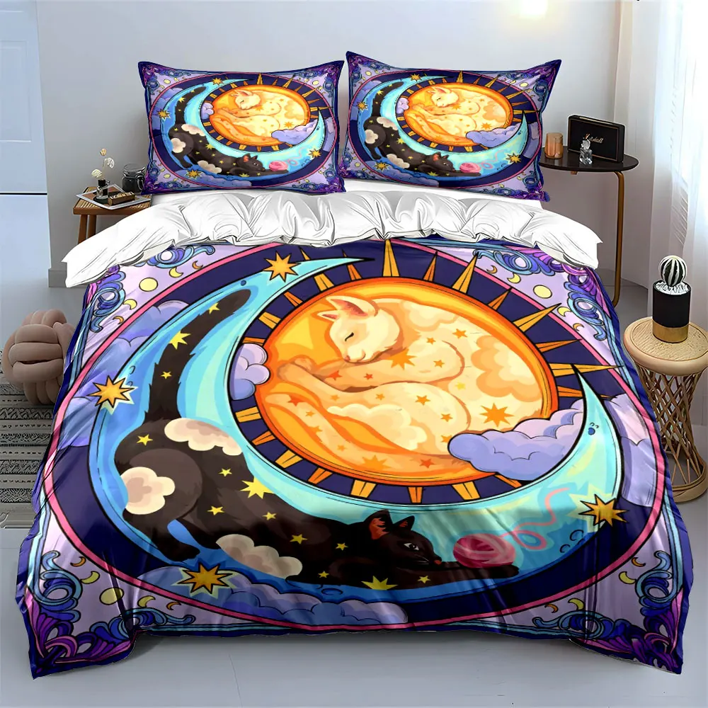 Sun Moon Cat Decor Set Soft Skin-Friendly Bedding Set Includes 1 Duvet Cover And 2 Pillowcase, Gift