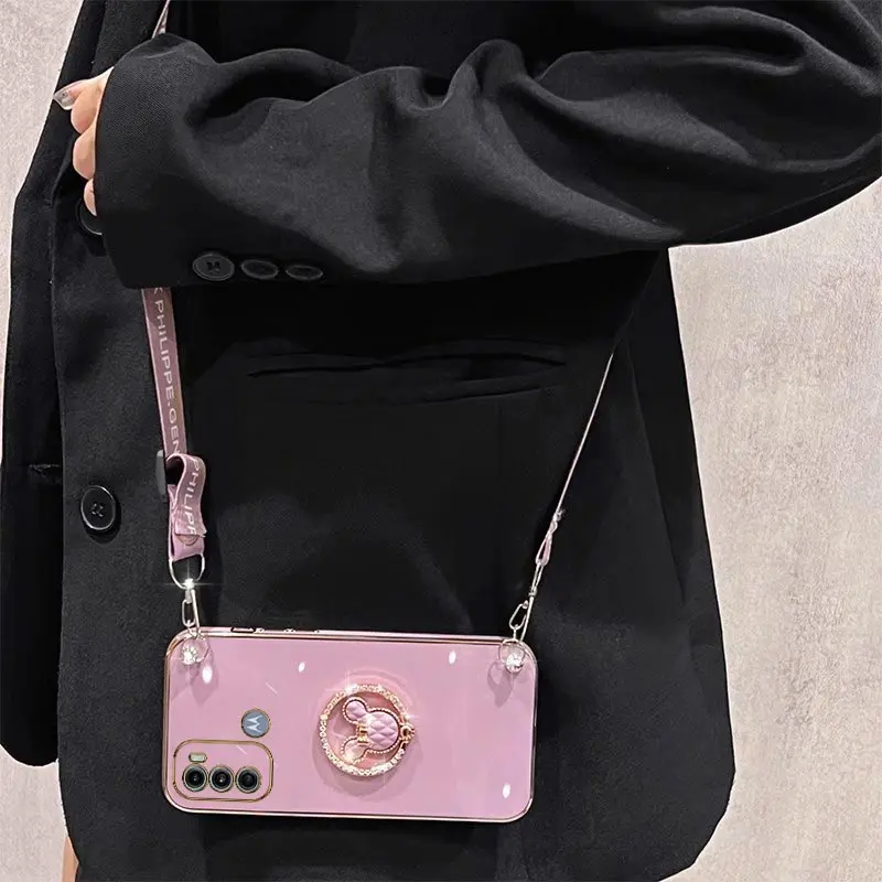 Creative Cute Cartoon Holder Lanyard Plating Phone Case For Motorola Moto G60 G30 G60S G32 G53 G42 G52 G72 G73 G22 G20 G50 Cover